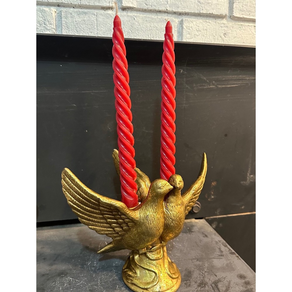 Vintage Gold‎ Tone Ceramic Love Birds Candlestick Holder Romantic Table Decor